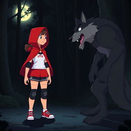 An animated scene depicting Little Red Riding Hood wearing a volleyball uniform, set in a dark forest at night