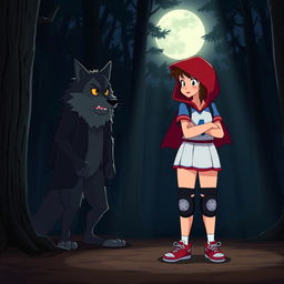 An animated scene depicting Little Red Riding Hood wearing a volleyball uniform, set in a dark forest at night