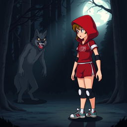 An animated scene depicting Little Red Riding Hood wearing a volleyball uniform, set in a dark forest at night