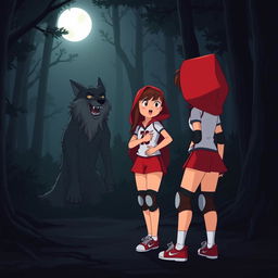 An animated scene depicting Little Red Riding Hood wearing a volleyball uniform, set in a dark forest at night