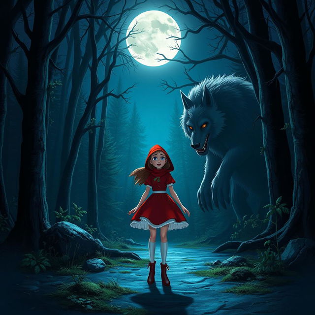 Red Riding Hood in a mini skirt in a dark, enchanting forest at night, looking scared and standing in front of a big, menacing wolf