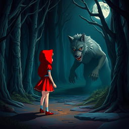 Red Riding Hood in a mini skirt in a dark, enchanting forest at night, looking scared and standing in front of a big, menacing wolf