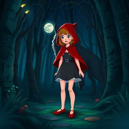 Red Riding Hood in a mini skirt in a dark, enchanting forest at night, looking scared and standing in front of a big, menacing wolf