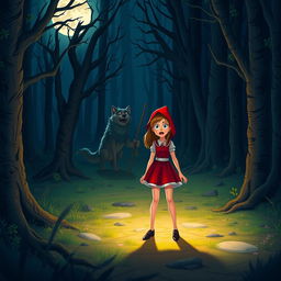 Red Riding Hood in a mini skirt in a dark, enchanting forest at night, looking scared and standing in front of a big, menacing wolf