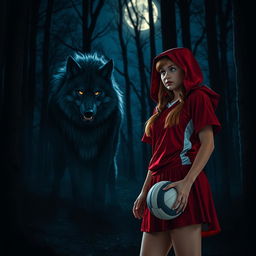 A young adult female wearing a volleyball uniform resembling Little Red Riding Hood, standing in a forest at night