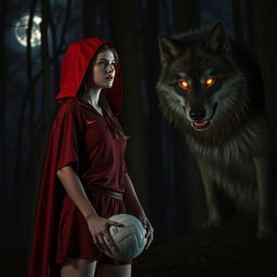 A young adult female wearing a volleyball uniform resembling Little Red Riding Hood, standing in a forest at night