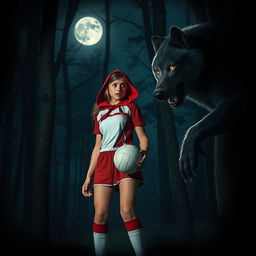 A young adult female wearing a volleyball uniform resembling Little Red Riding Hood, standing in a forest at night