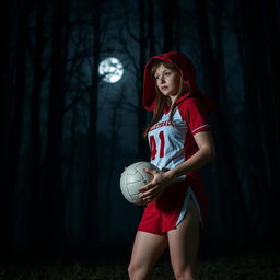 A young adult female wearing a volleyball uniform resembling Little Red Riding Hood, standing in a forest at night