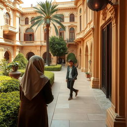 In the opulent surroundings of a rich quarter, a short-statured woman wearing a hijab discreetly stands behind a wall