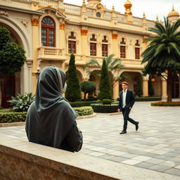 In the opulent surroundings of a rich quarter, a short-statured woman wearing a hijab discreetly stands behind a wall