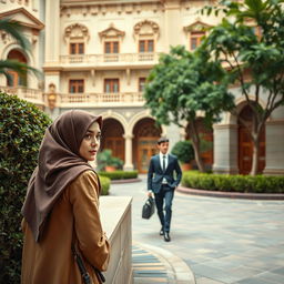 In the opulent surroundings of a rich quarter, a short-statured woman wearing a hijab discreetly stands behind a wall