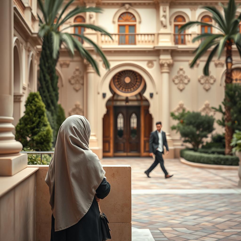 In the opulent surroundings of a rich quarter, a short-statured woman wearing a hijab discreetly stands behind a wall