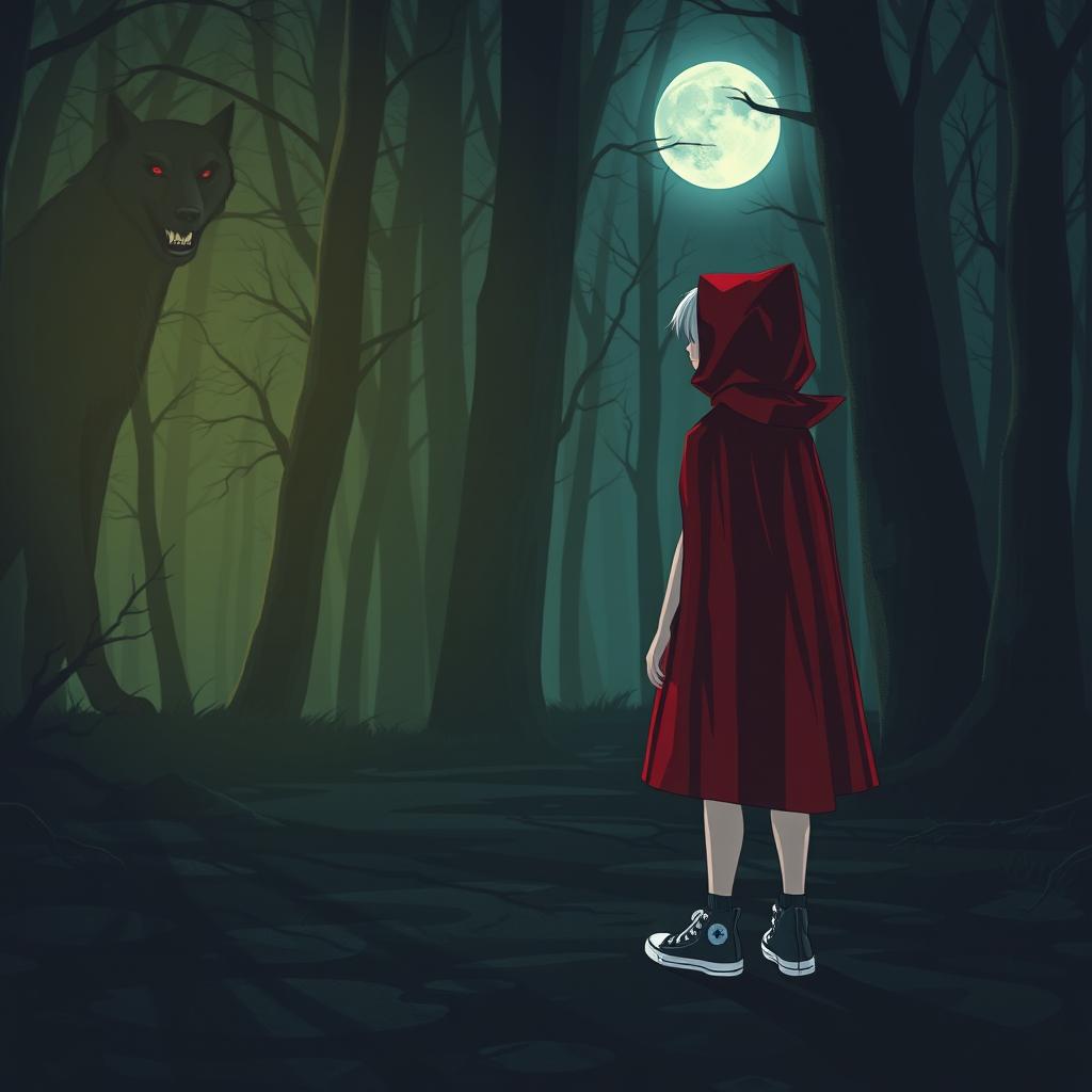 A gothic Little Red Riding Hood standing in a mystical forest at night