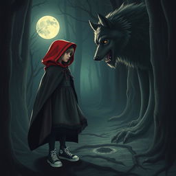 A gothic Little Red Riding Hood standing in a mystical forest at night