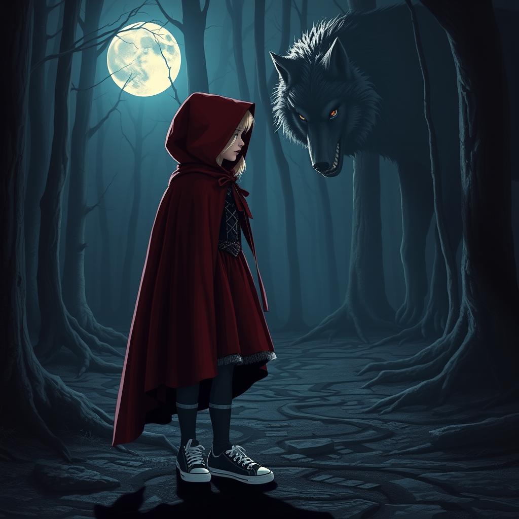 A gothic Little Red Riding Hood standing in a mystical forest at night