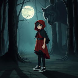 A gothic Little Red Riding Hood standing in a mystical forest at night