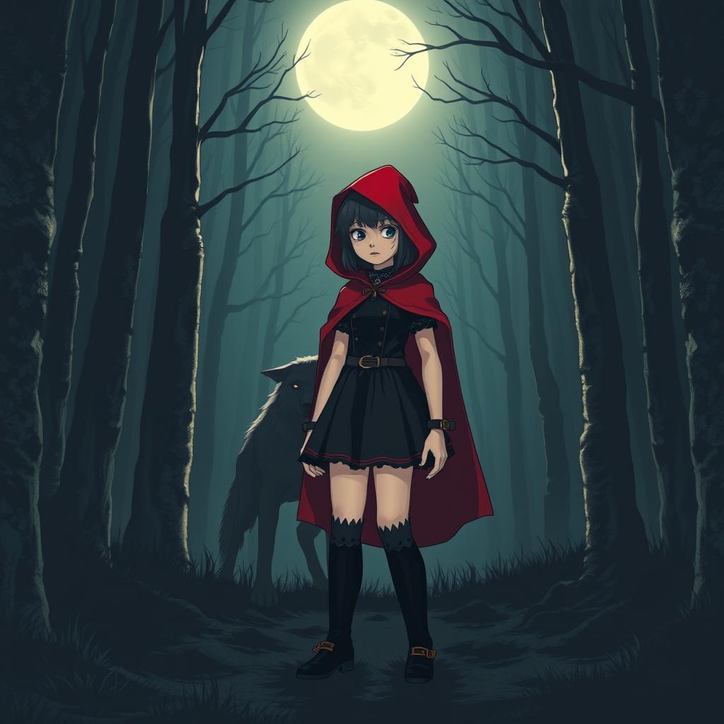 A dark-themed Little Red Riding Hood standing in a mysterious forest at night