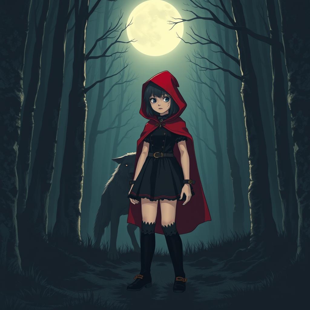 A dark-themed Little Red Riding Hood standing in a mysterious forest at night