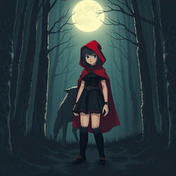 A dark-themed Little Red Riding Hood standing in a mysterious forest at night