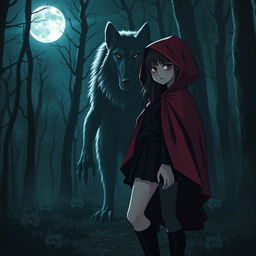 A dark-themed Little Red Riding Hood standing in a mysterious forest at night