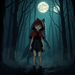 A dark-themed Little Red Riding Hood standing in a mysterious forest at night