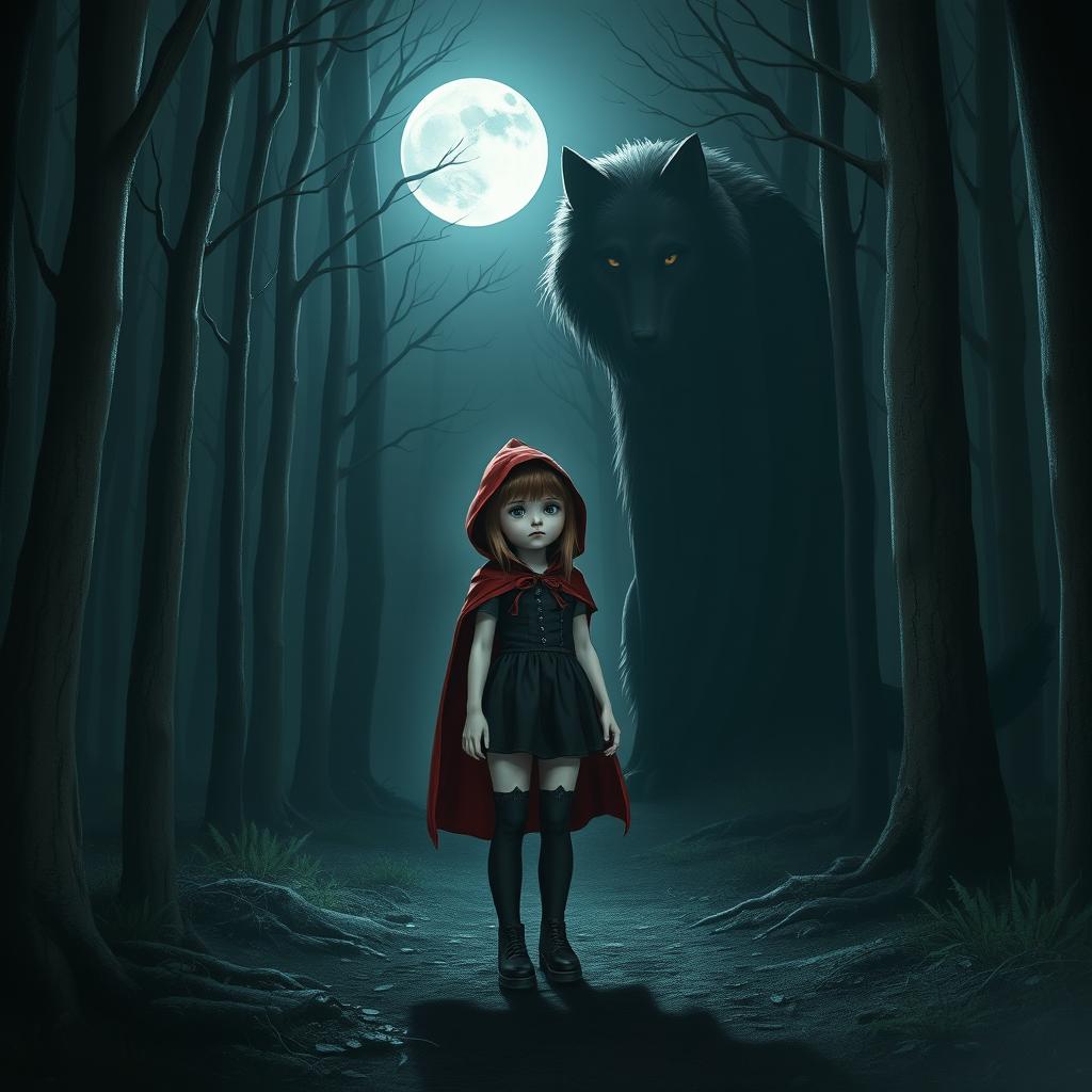 A dark-themed Little Red Riding Hood standing in a mysterious forest at night