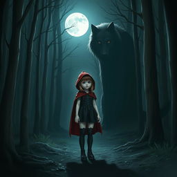 A dark-themed Little Red Riding Hood standing in a mysterious forest at night