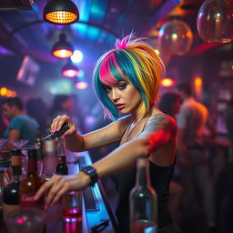 Inside a bustling nightclub, a woman of short stature with eye-catching multicolored hair expertly pours drinks at the bar