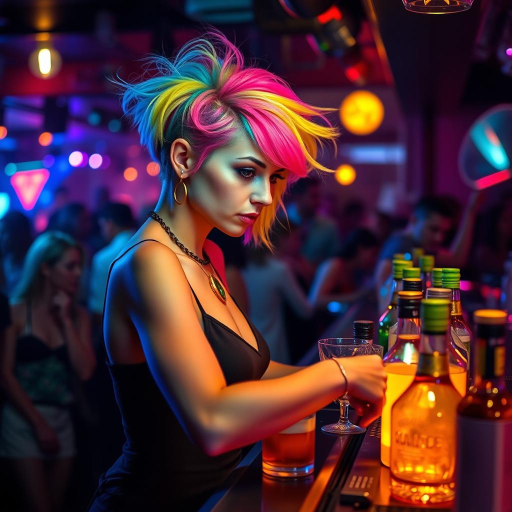 Inside a bustling nightclub, a woman of short stature with eye-catching multicolored hair expertly pours drinks at the bar