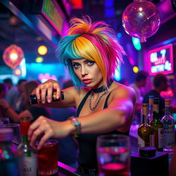 Inside a bustling nightclub, a woman of short stature with eye-catching multicolored hair expertly pours drinks at the bar