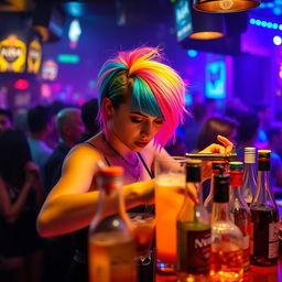 Inside a bustling nightclub, a woman of short stature with eye-catching multicolored hair expertly pours drinks at the bar