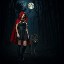 A woman dressed as Little Red Riding Hood but in black, standing in a nighttime forest