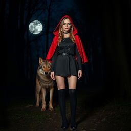 A woman dressed as Little Red Riding Hood but in black, standing in a nighttime forest