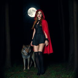 A woman dressed as Little Red Riding Hood but in black, standing in a nighttime forest