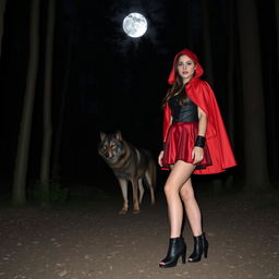 A woman dressed as Little Red Riding Hood but in black, standing in a nighttime forest