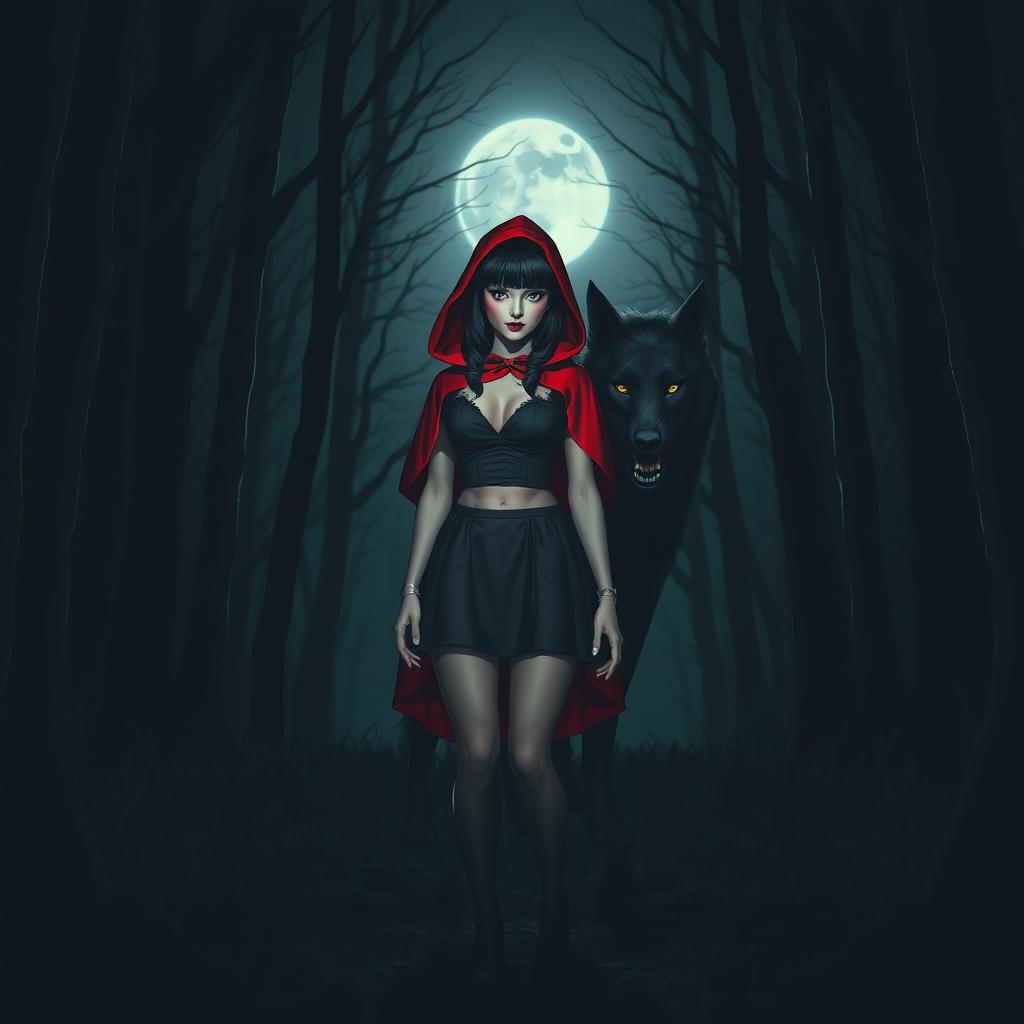 A gothic Little Red Riding Hood with black hair in a dark forest at night, standing in front of a wolf