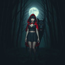 A gothic Little Red Riding Hood with black hair in a dark forest at night, standing in front of a wolf