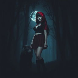 A gothic Little Red Riding Hood with black hair in a dark forest at night, standing in front of a wolf