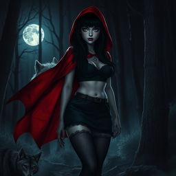 A gothic Little Red Riding Hood with black hair in a dark forest at night, standing in front of a wolf