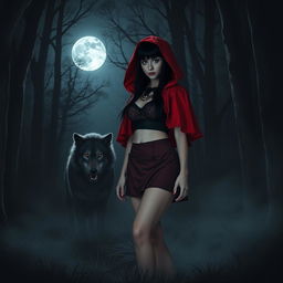 A gothic Little Red Riding Hood with black hair in a dark forest at night, standing in front of a wolf