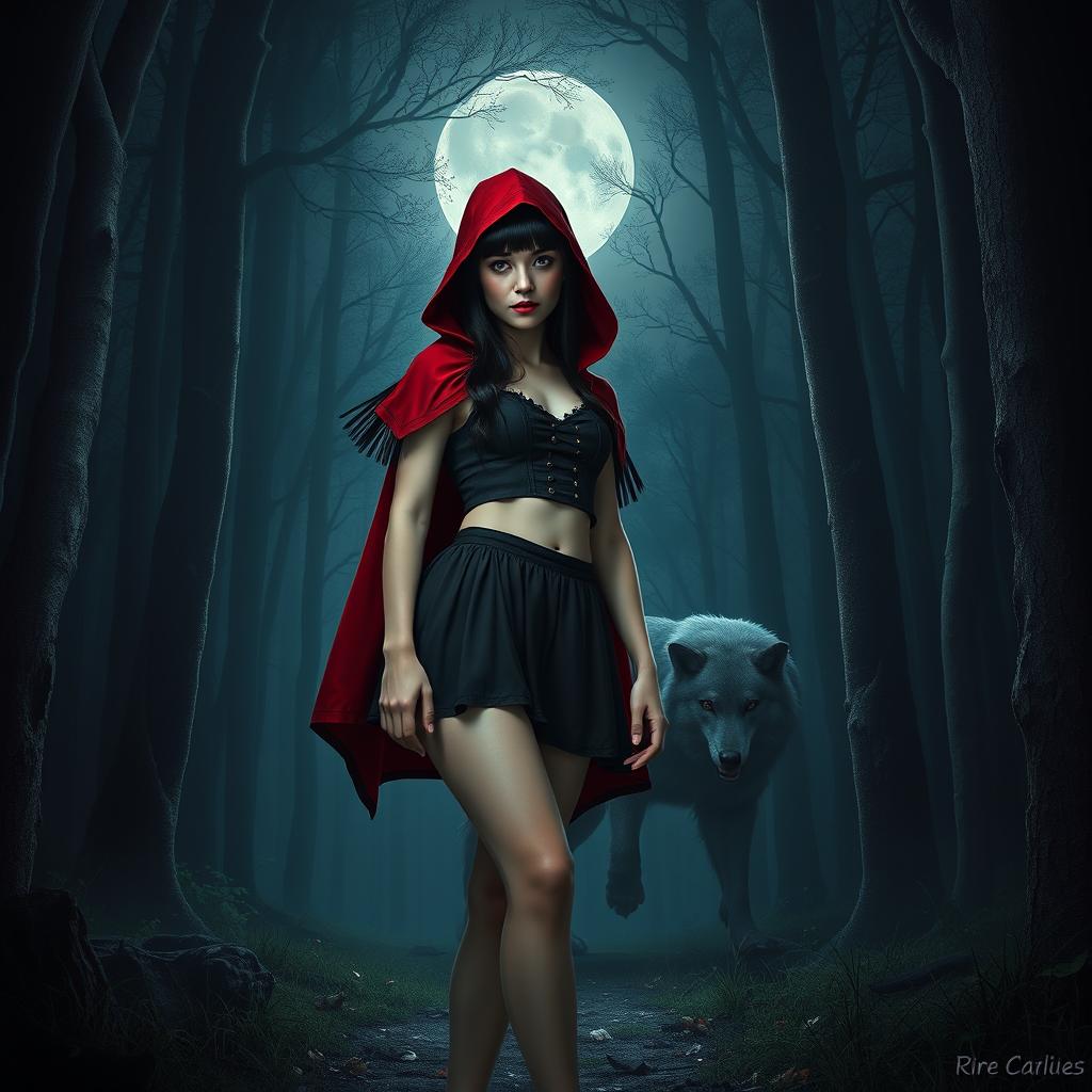 A realistic portrayal of a gothic Little Red Riding Hood with black hair, set in a nighttime forest