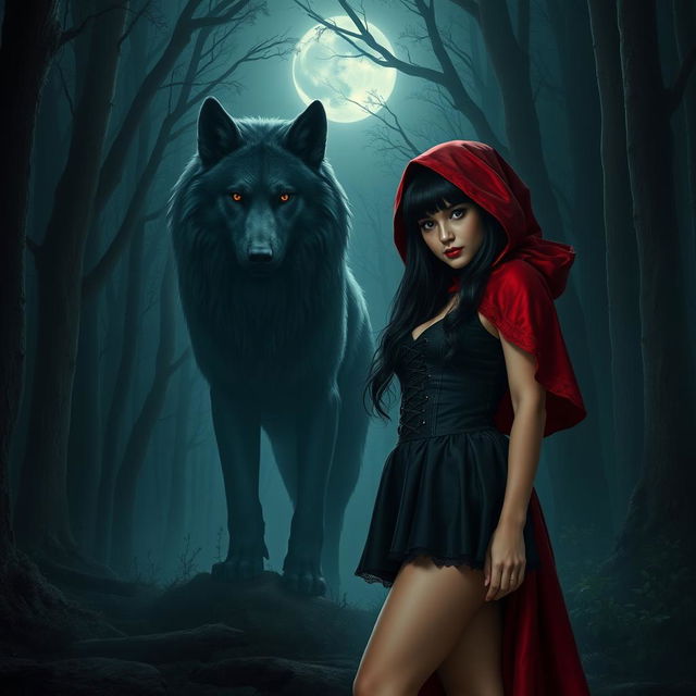 A realistic portrayal of a gothic Little Red Riding Hood with black hair, set in a nighttime forest