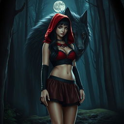 A realistic portrayal of a gothic Little Red Riding Hood with black hair, set in a nighttime forest