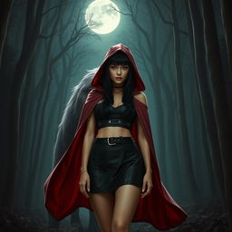 A realistic portrayal of a gothic Little Red Riding Hood with black hair, set in a nighttime forest