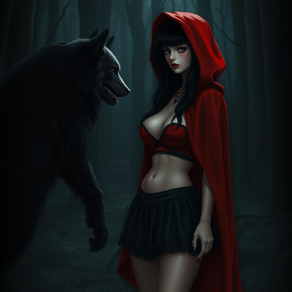 A gothic Little Red Riding Hood with black hair standing in the forest at night facing a wolf