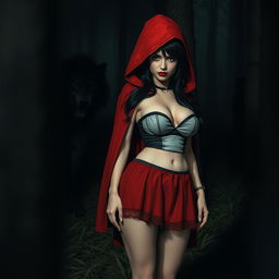 A gothic Little Red Riding Hood with black hair standing in the forest at night facing a wolf