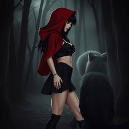 A gothic Little Red Riding Hood with black hair standing in the forest at night facing a wolf