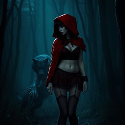 A gothic Little Red Riding Hood with black hair standing in the forest at night facing a wolf