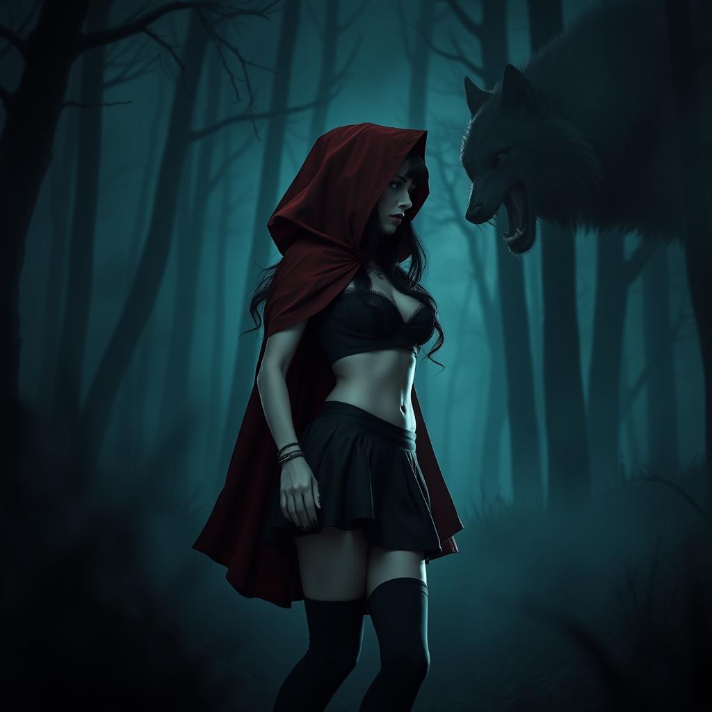 A Gothic-style Little Red Riding Hood with black hair, standing in a dimly lit forest at night, facing a menacing wolf