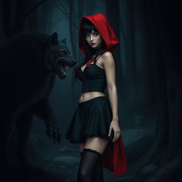 A Gothic-style Little Red Riding Hood with black hair, standing in a dimly lit forest at night, facing a menacing wolf